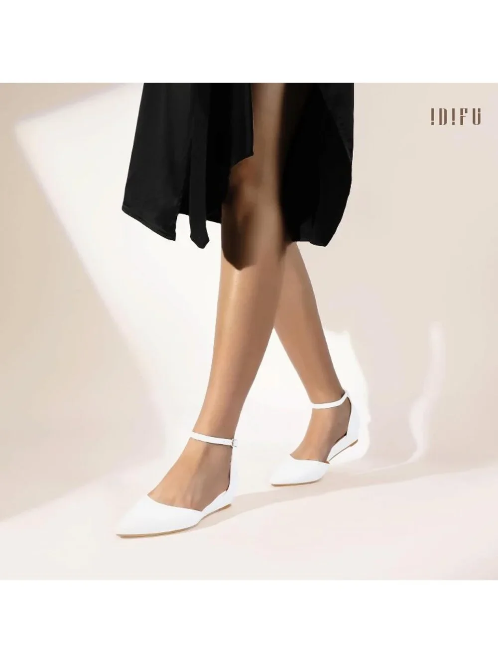 Women's White PU Low Wedge Flats Closed Pointed Toe Adjustable Ankle Strap Shoes